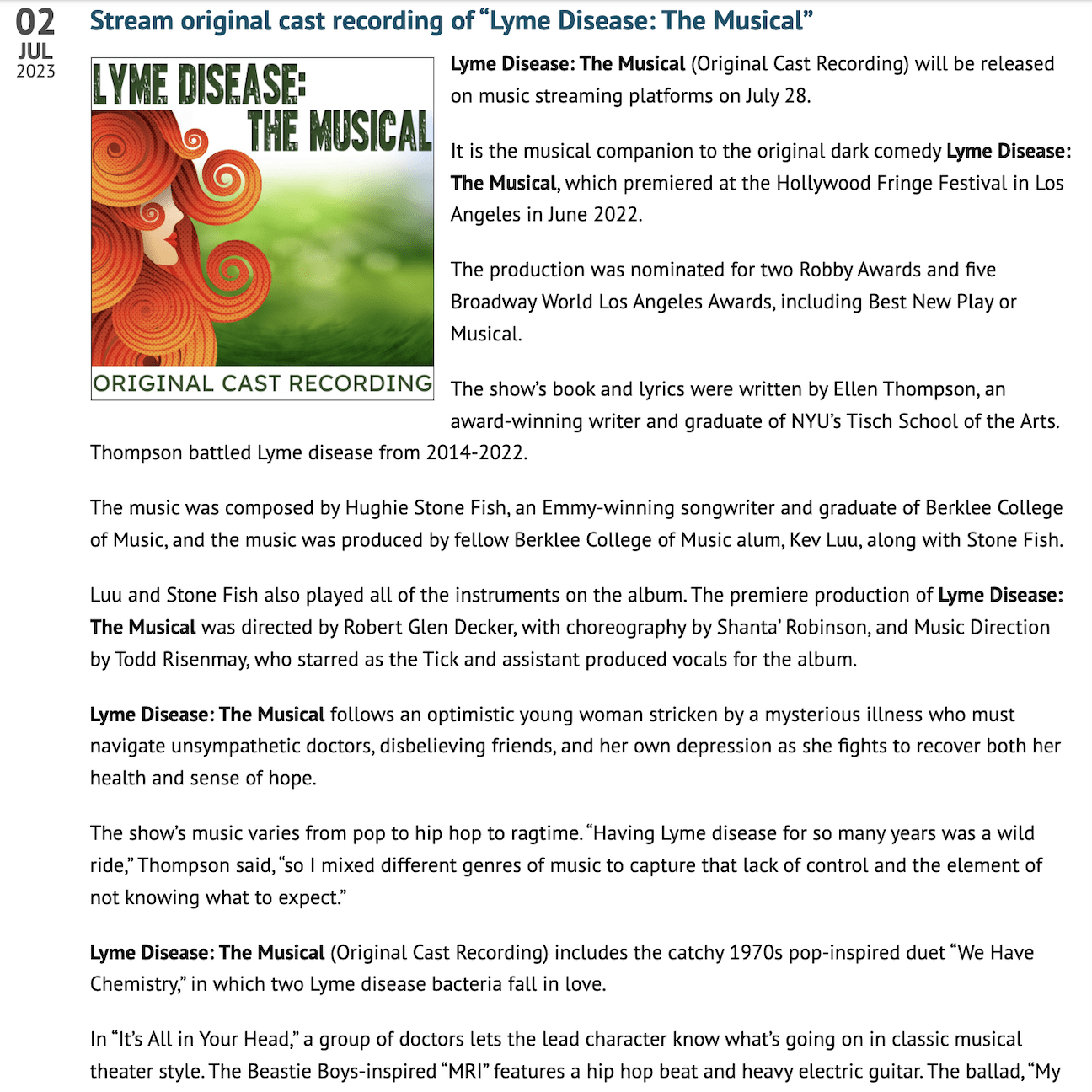 Our friends at Lymedisease.org announced our cast album's July 28, 2023 release date!
